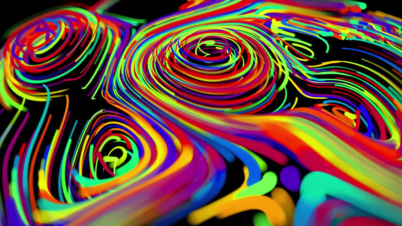 el flujo de partículas forma líneas rizadas como rastros de brillo de diferentes colores, las líneas forman un patrón giratorio como ruido de rizado. abstracto 3d bucle de flujo de animación como fondo festivo creativo brillante