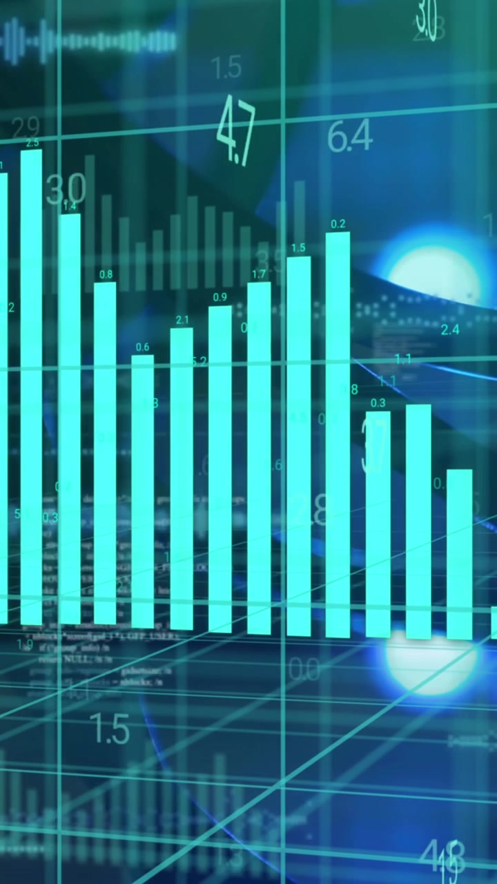 Animazione dell'elaborazione di dati statistici su una rete a griglia e un primo piano di un server di computer.