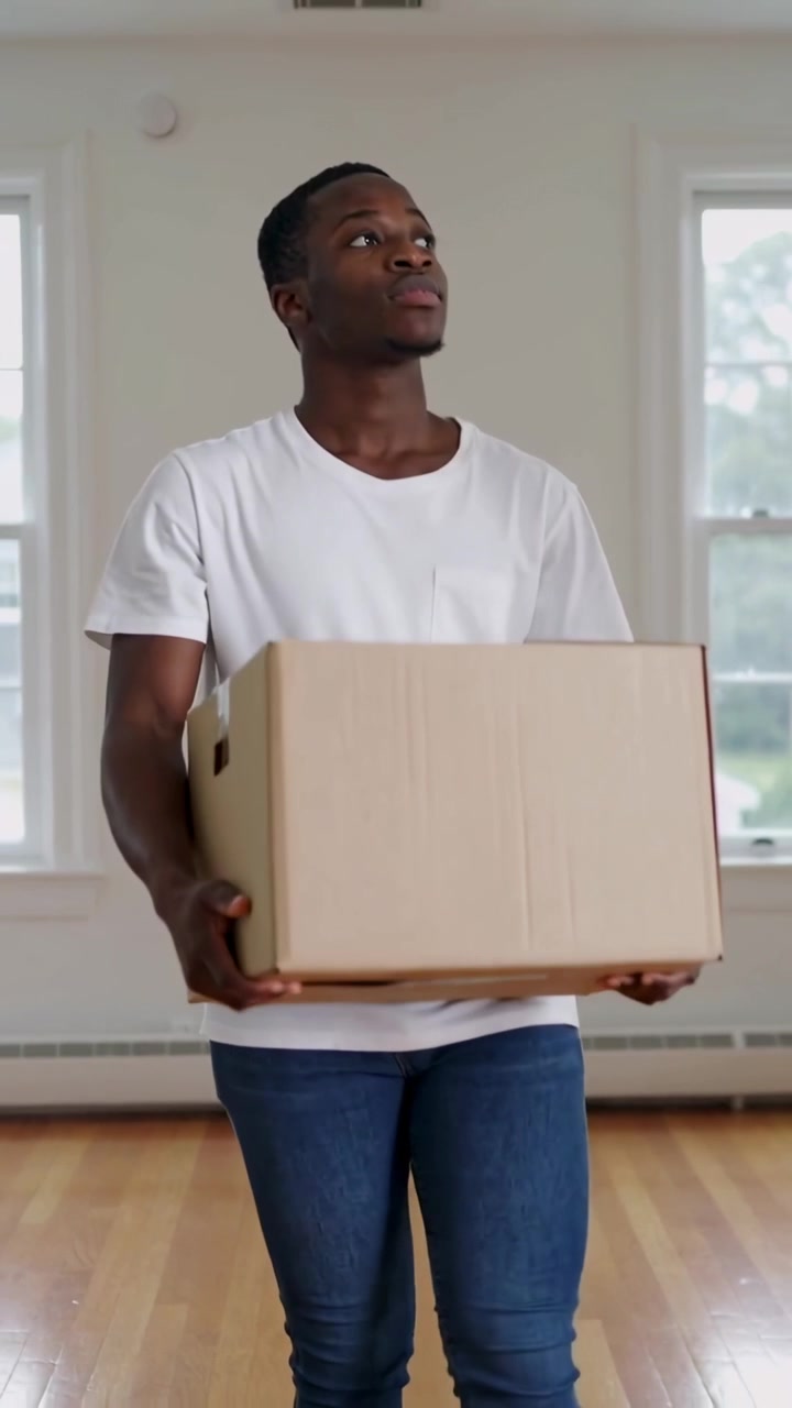 Vertical video: Entering room man carrying box wearing white tee scanning room for furniture layout