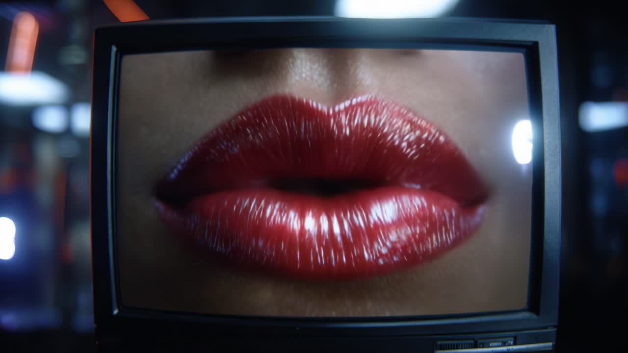Close-Up of Glossy Red Lips Framed by a Vintage Television, Capturing Alluring Beauty and Attention in a Stylized Visual Composition