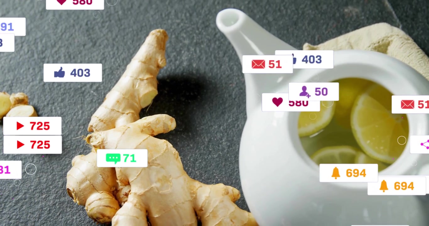 Avviso social che appare su una teiera di zenzero e limone, icone che contano, ruotano e svaniscono mostrando statistiche.