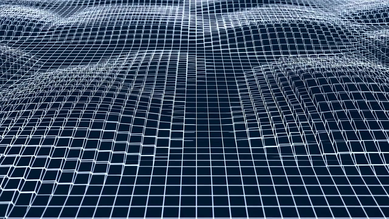 Deep Blue Grid Terrain Animation Showing Wireframe Hills And Undulating Mesh, Data Visualization Feel,