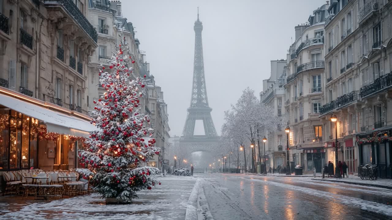 Una serena scena invernale che cattura l'atmosfera magica di una strada innevata con un albero di Natale scintillante e l'iconica Torre Eiffel sullo sfondo