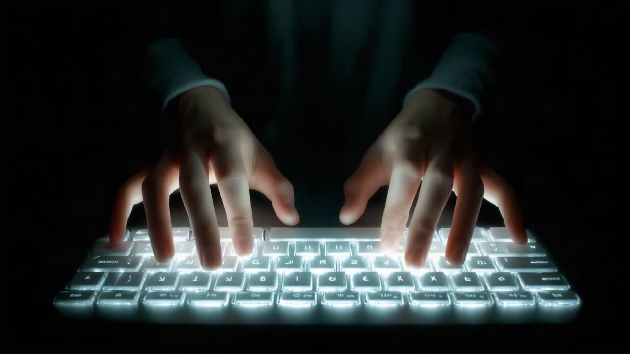 A Close-Up View of Illuminated Hands Typing on a Backlit Keyboard in a Dark Environment, Capturing the Intensity and Focus of Digital Interaction