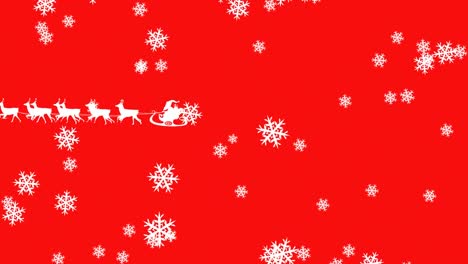 Animación-De-Santa-Claus-En-Trineo-Con-Renos-Sobre-Copos-De-Nieve-Sobre-Fondo-Rojo
