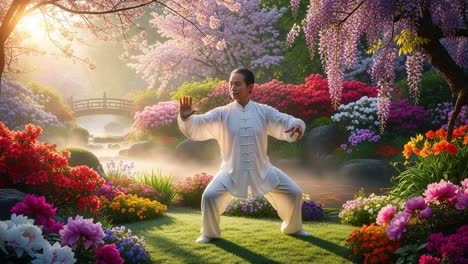 A Serene Moment of Tai Chi Practice Amidst a Vibrant Floral Paradise, Capturing the Harmony of Mind and Body in Nature&#039;s Tranquil Beauty