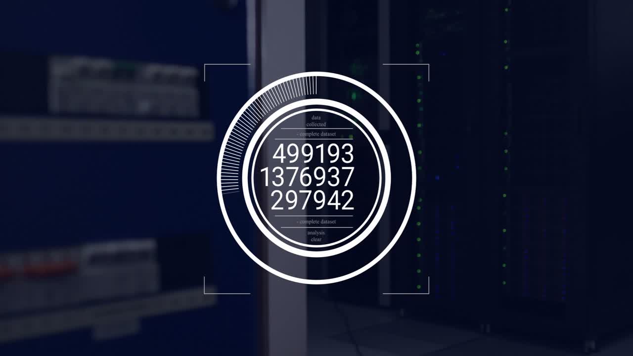 HUD fading in over data center animating readouts and filling progress ring indicating server load