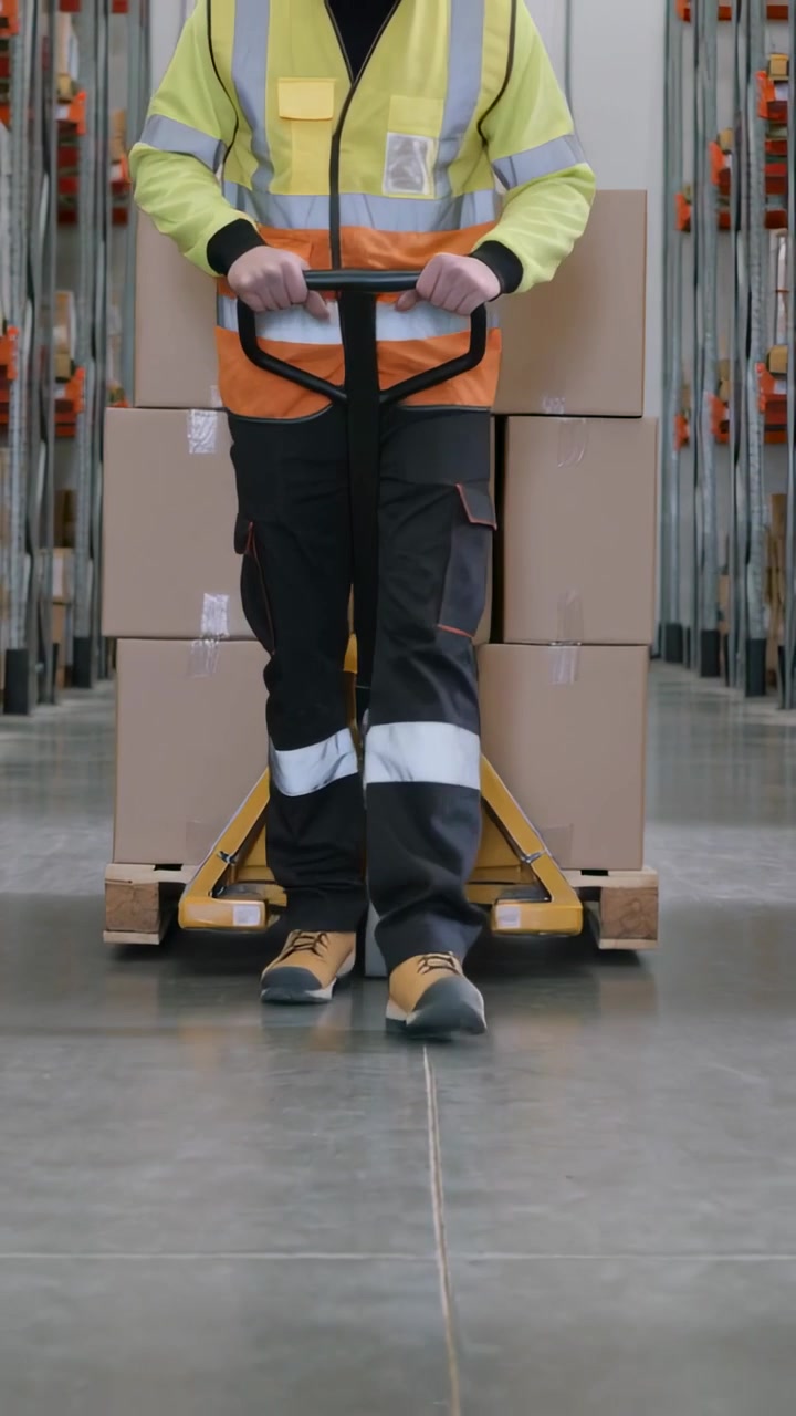 Vertical video: Grasping jack warehouseman in hivis vest pushing pallet down aisle for storage