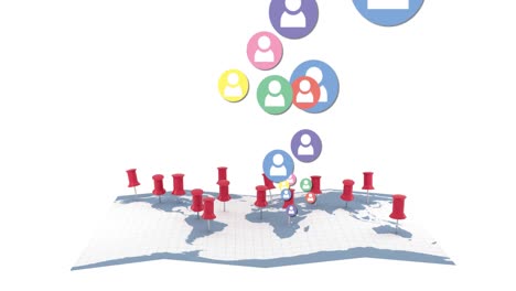 animation of multiple colourful digital social media people icons over world map with red location p