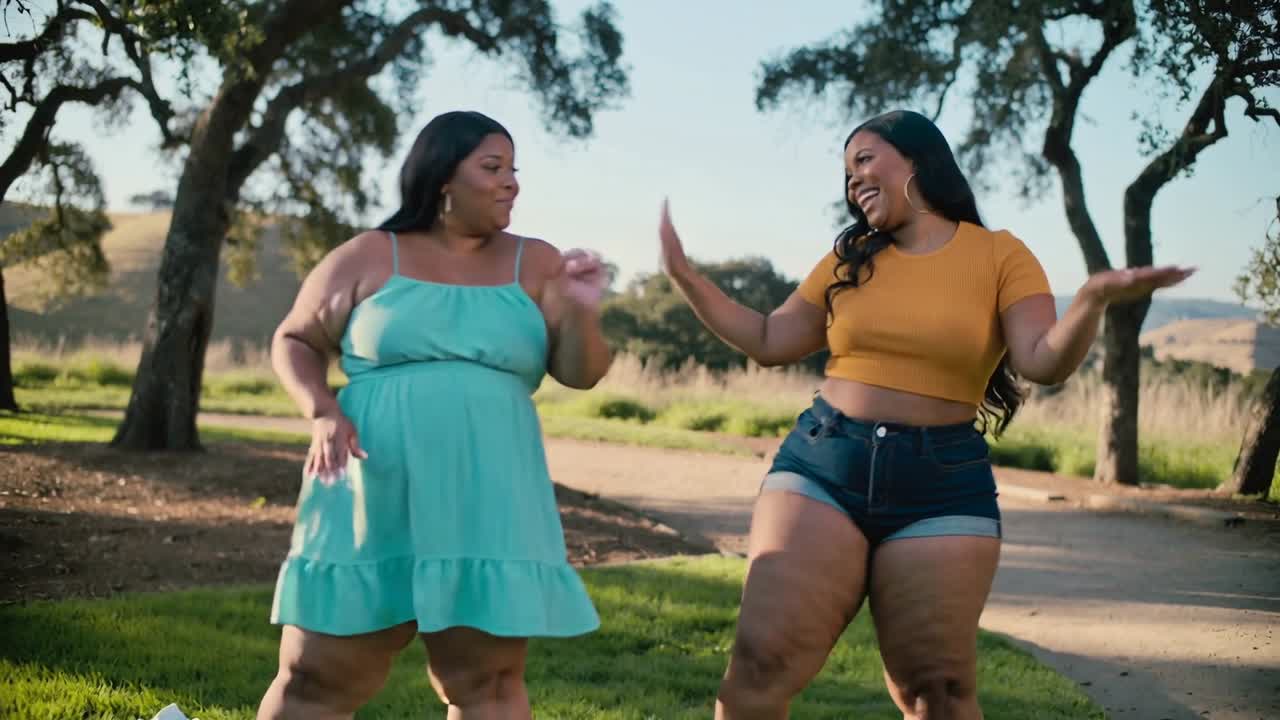 Smilende venner danser, spejler hinanden på græsset ved en sti, i turkis kjole, sennepsgul top med picnictæppe
