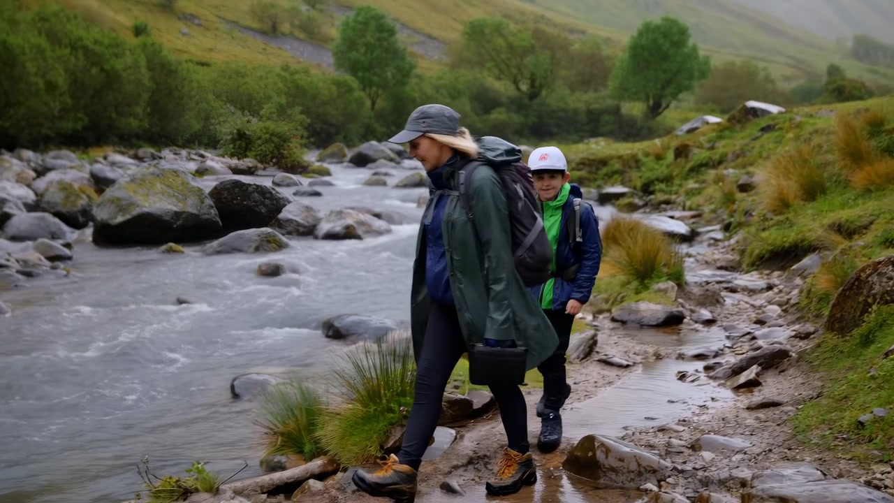 Genitore e figlio che fanno escursioni lungo la riva del fiume in una valle nebbiosa, percorrendo un sentiero roccioso bagnato con impermeabili e zaini