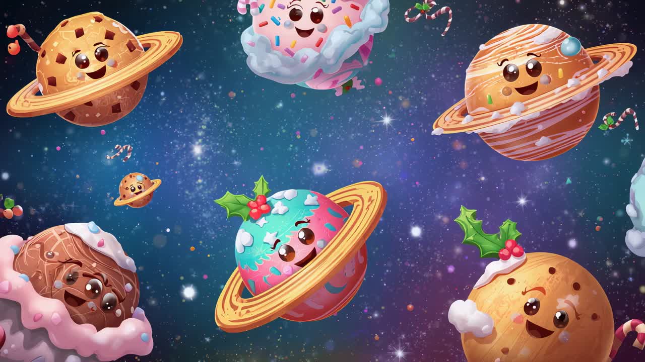 Starting camera pan, teal candy-cane planet leading parade in festive galaxy, with sprinkles, holly