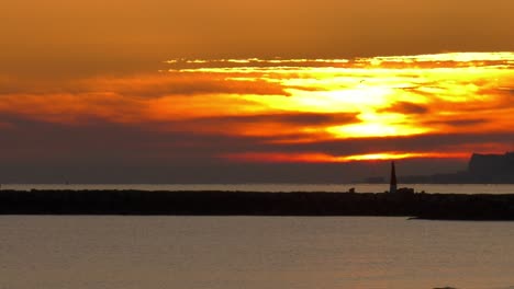 orange dawn skies with seagull flying over calm sea