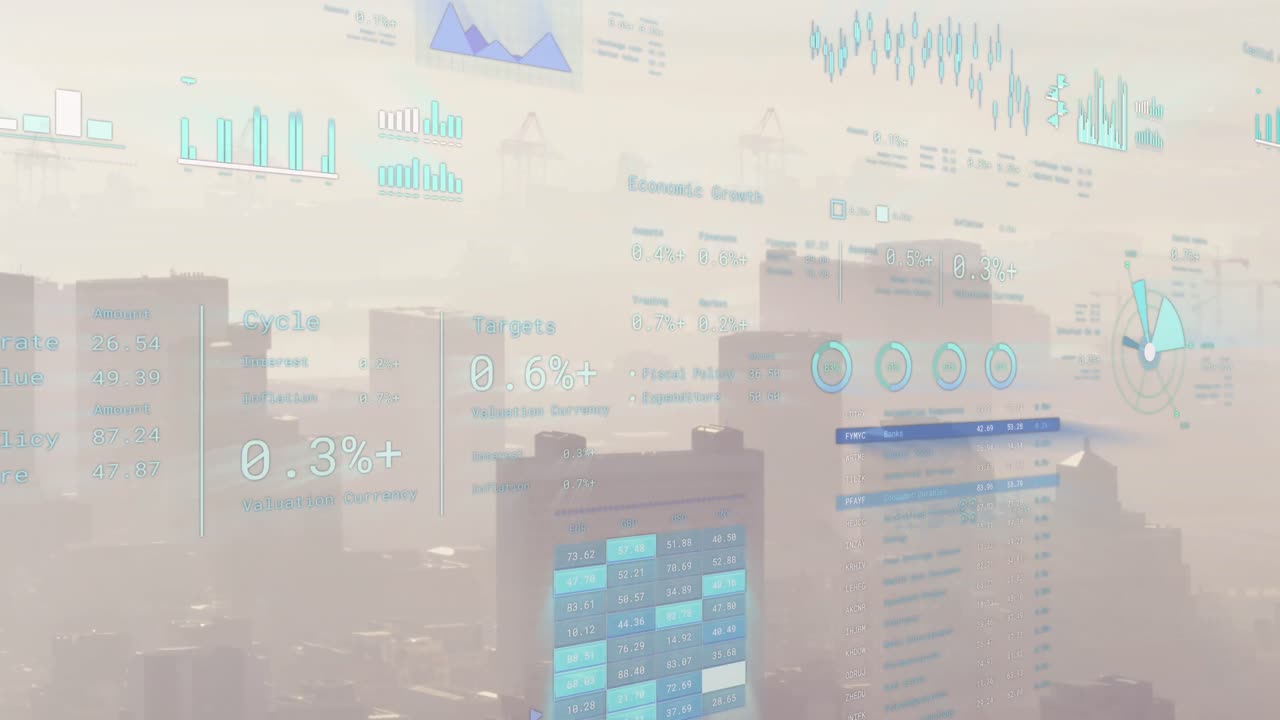 Animation of financial data processing over cityscape