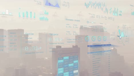 animación del procesamiento de datos financieros sobre el paisaje urbano
