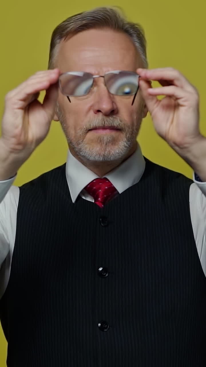Old businessman holding glasses. Funny eyes through eyeglasses of a mature man on yellow background. Slow motion. Positive emotions. Vertical video