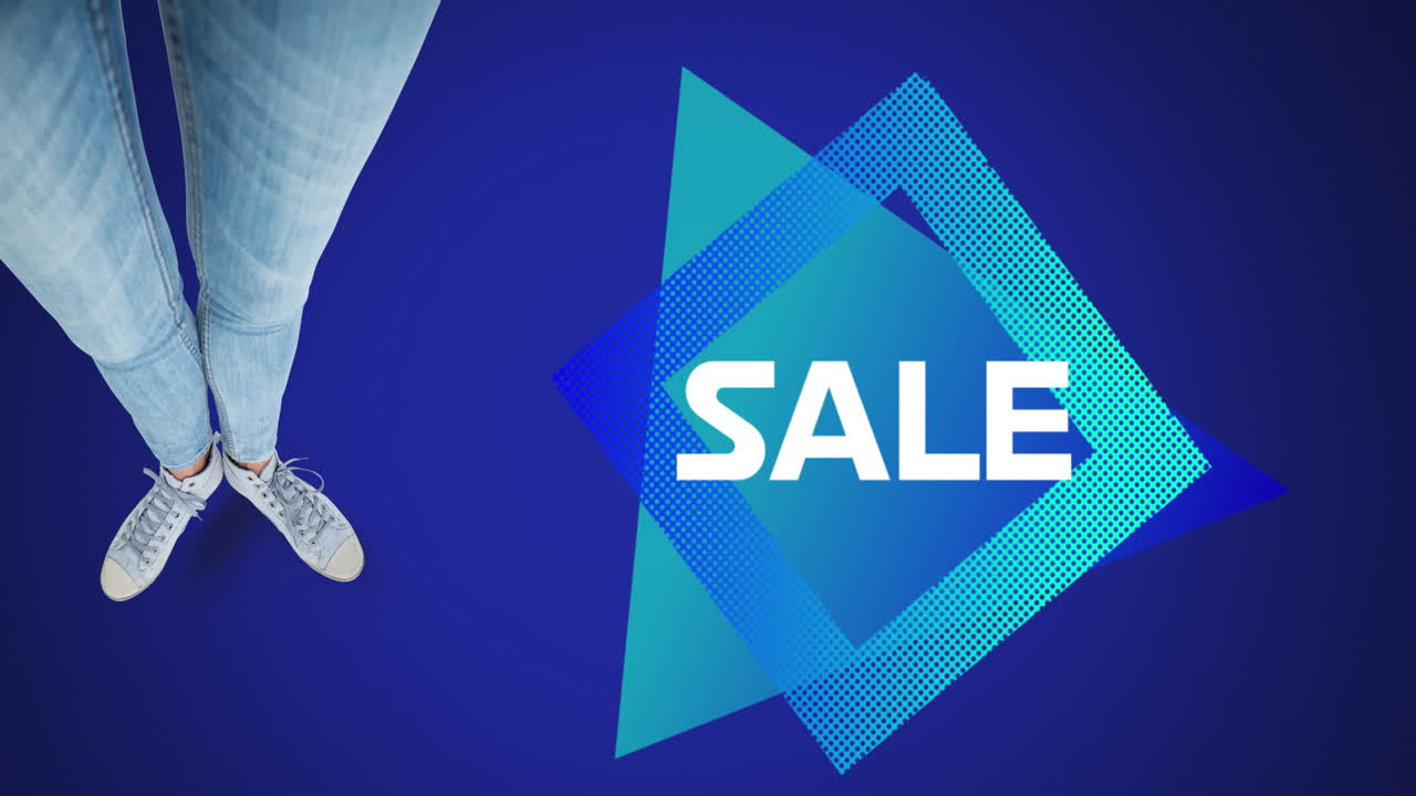 청바지 바지를 입은 백인 여성 위에 판매 텍스트의 애니메이션