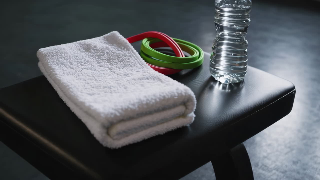 Gym essentials: Water bottle, resistance bands, and towels.