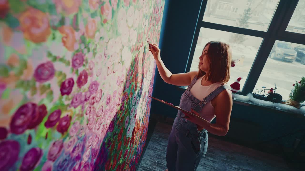 Artista Feminina Pintando Grande Obra de Arte Floral em Seu Estúdio