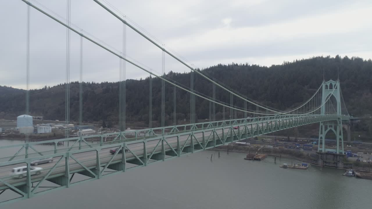 Autos and bikes crossing the St. Johns Bridge over the Willamette River in Portland Oregon