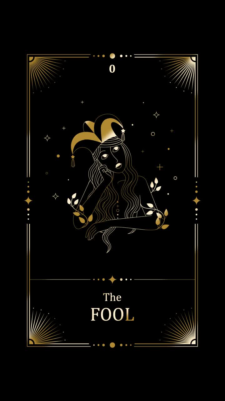 Animeret Narren Tarotkort med guld stregtegning