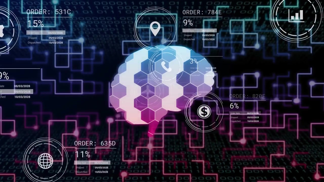 Central brain receiving data, HUD widgets animating from left, updating percents to show orders