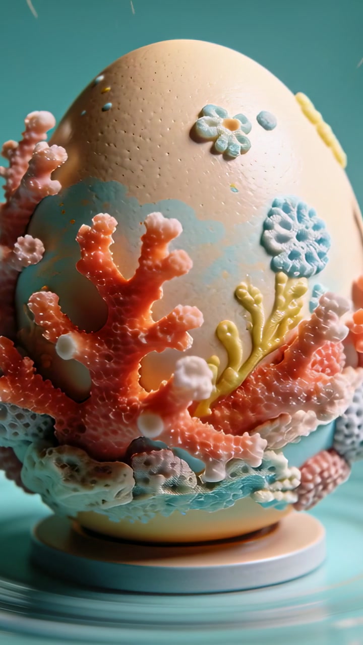 Vertical video: Panning camera revealing ornate egg on stand to show coral appliques teal backdrop