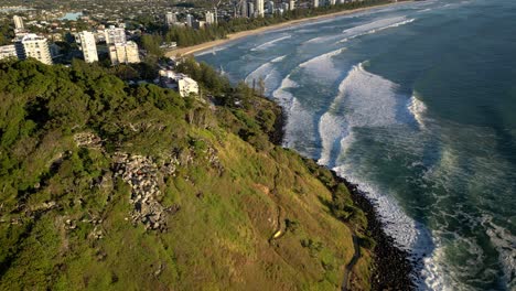 Close-aerial-over-the-North-side-of-Burleigh-Heads,-Gold-Coast,-Australia