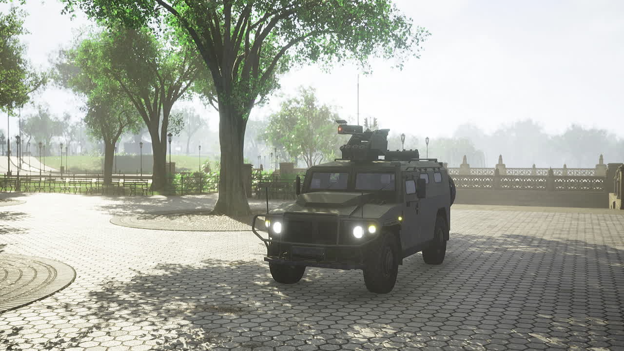 Military vehicle parked in a serene park on a bright sunny day
