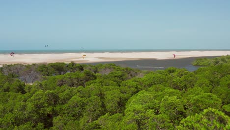 Aerial:-Kitesurfing-in-the-river-delta-of-Parnaiba,-Northern-Brazil