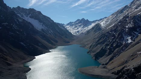 Panoramic-aerial-view-of-Laguna-del-Inca,-in-the-Andes,-Chile