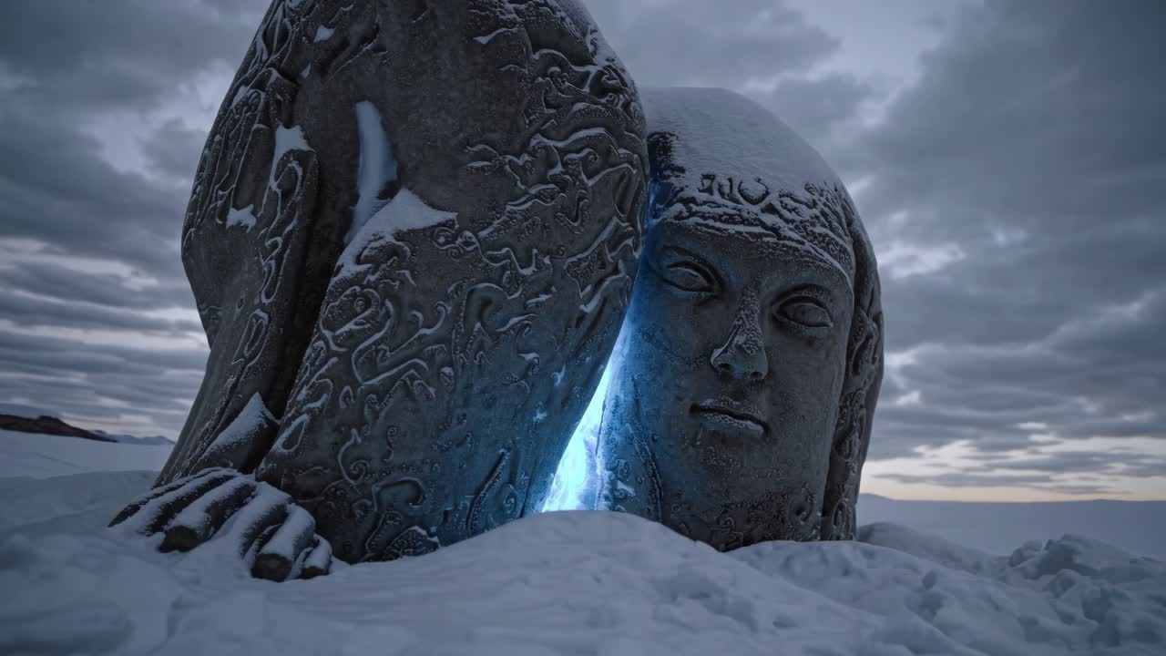 escultura de piedra iluminada en el paisaje de invierno
