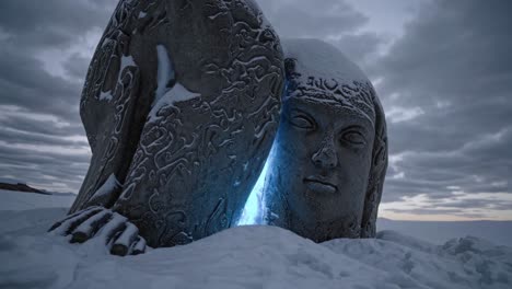 illuminated stone sculpture in winter landscape