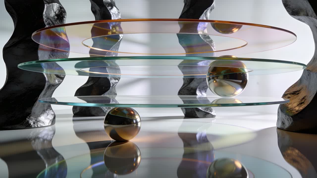 Design sculpture shifting after slight vibration, spheres settling, showing glass disc iridescence