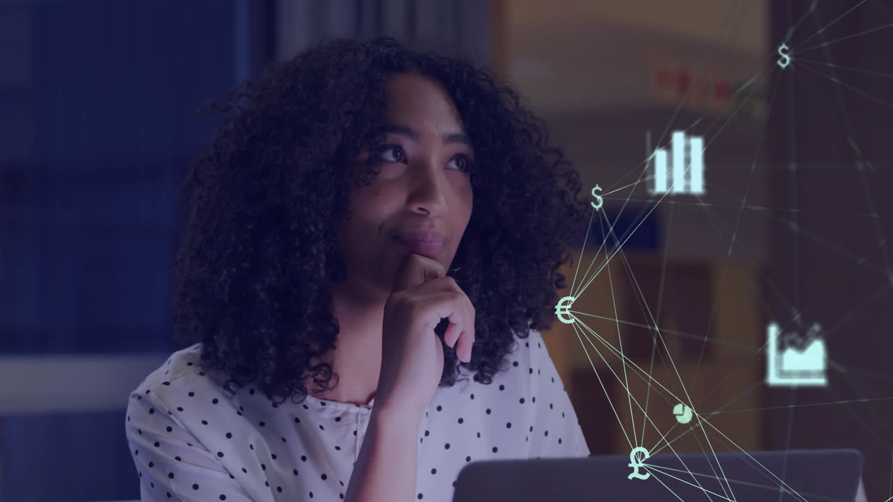 Animation of network of connections with icons over african american businesswoman using laptop
