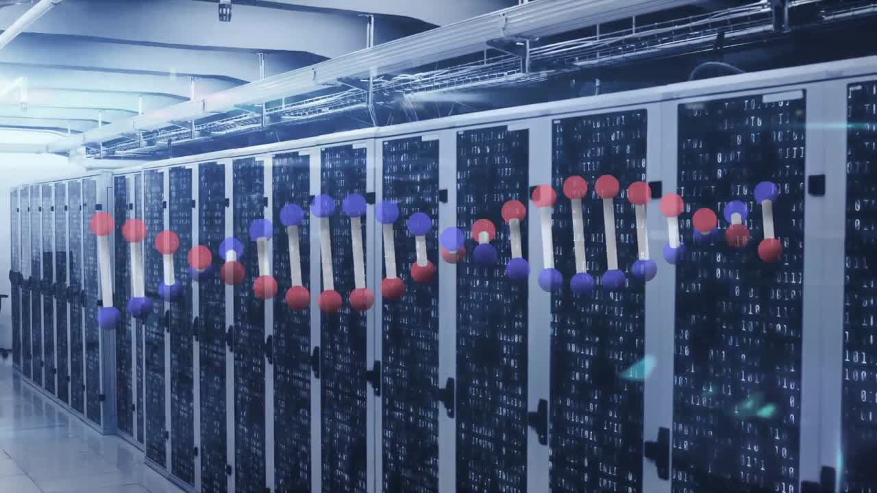 Animation of dna strand spinning and data processing over tech room with computer servers