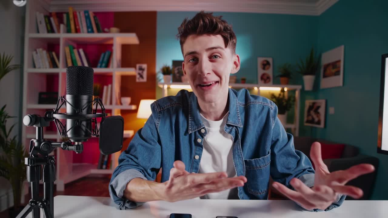 A young man gestures while recording a video at a desk with a microphone