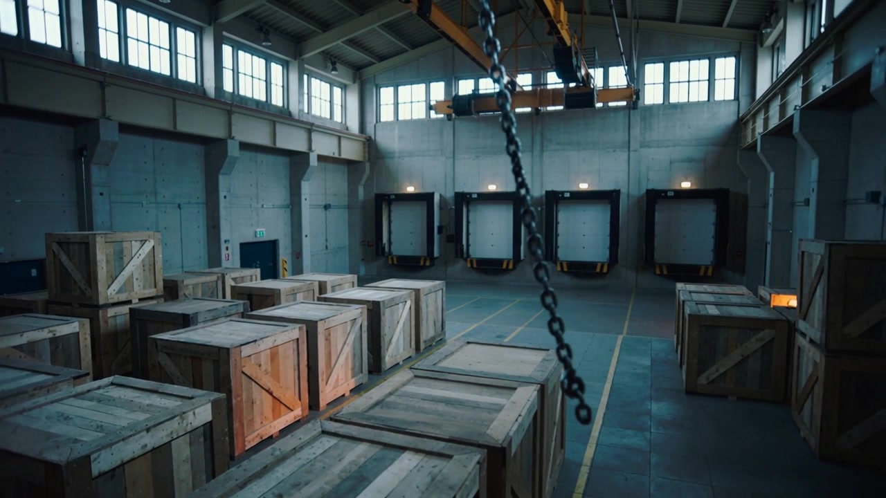 Moving gantry swinging heavy chain toward stacked wooden crates in warehouse, preparing for lift
