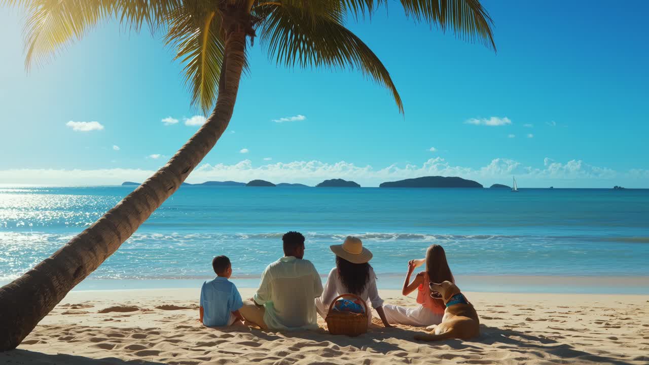 Una famiglia si gode una giornata in spiaggia sotto una palma, ripresa da dietro in un video grandangolare