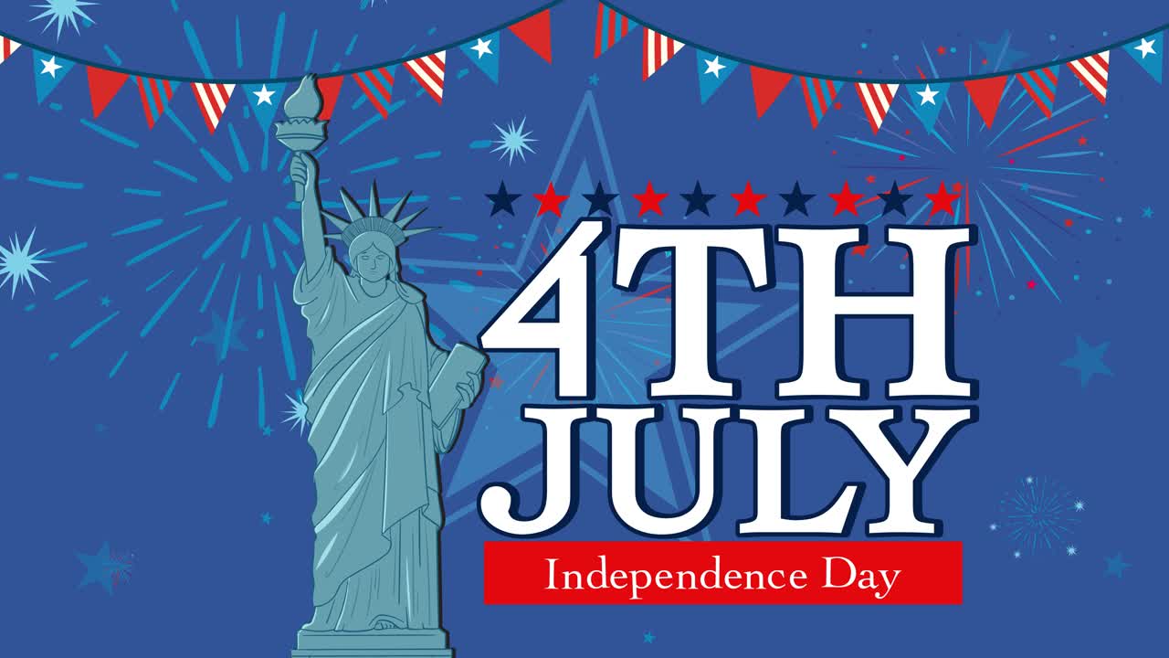 Animated sequence with Statue of Liberty, fireworks, and festive banners celebrating U.S. Independence Day in vibrant blue and red