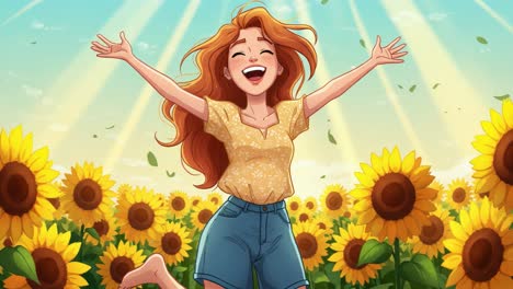 joyful young woman with long brown hair and wearing casual clothes runs barefoot through a vibrant sunflower field, arms outstretched, embracing the beauty of nature