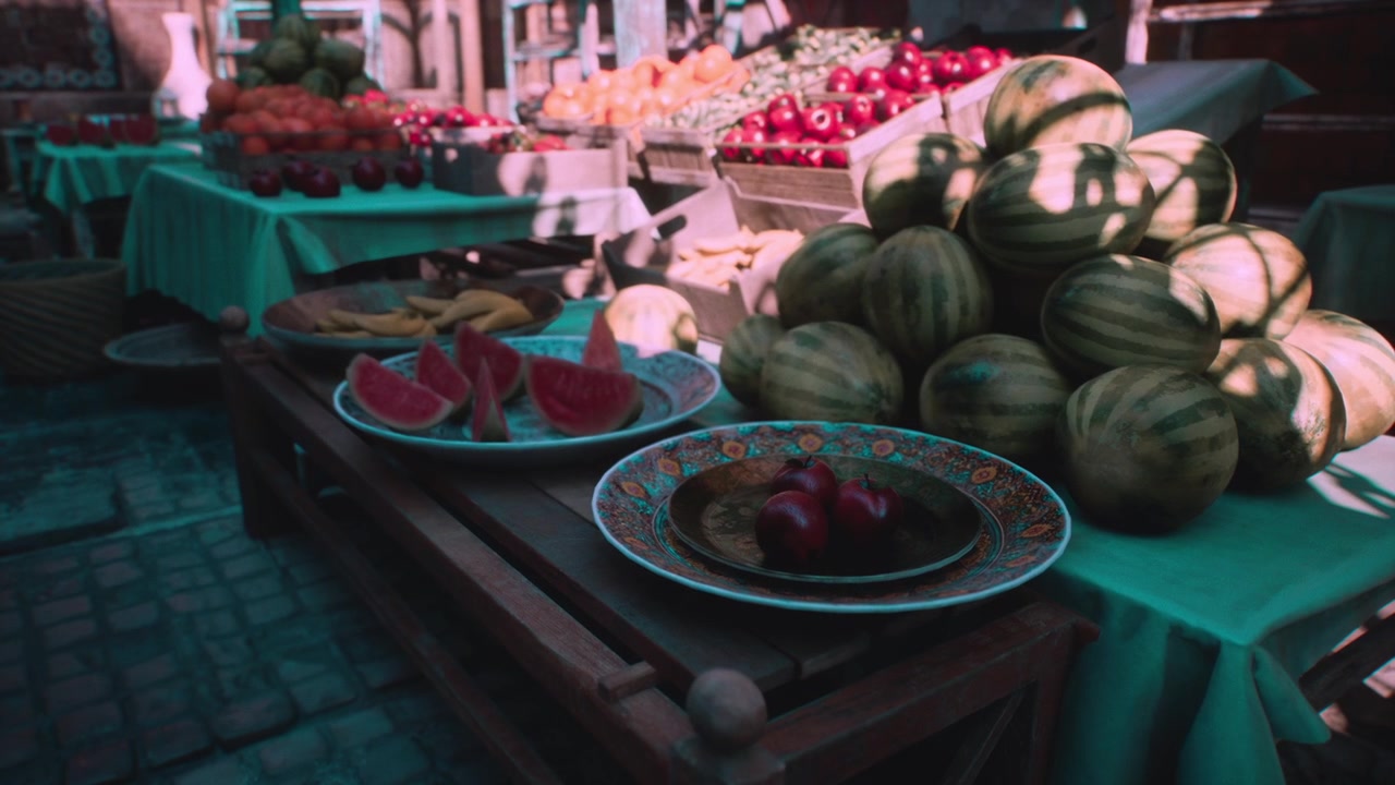 Vibrant market stall overflowing with fresh fruits in a sunlit setting