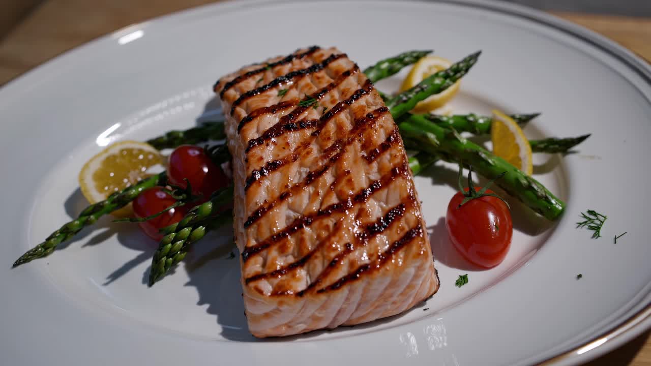 Nærbildevideo av en grillet laksefilet med asparges og cherrytomater, som fanger en frisk