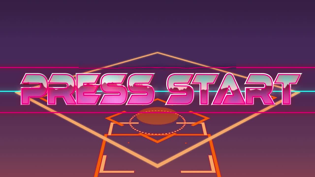 Animazione di testo metallico rosa 'high score' su linee al neon su sfondo viola e nero.