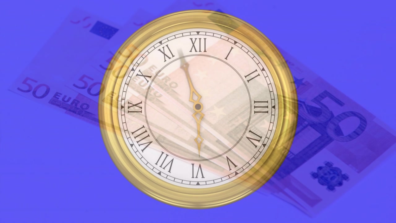 50€ notes sliding in from upper-left gold clock turning hands revealing money linking time to value
