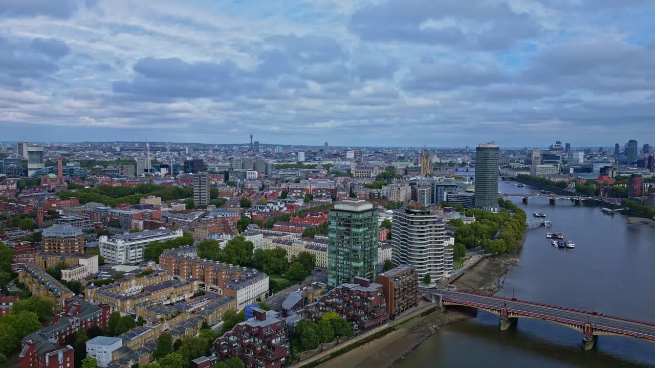 Panoramic drone view about the Millbank Tower and Victoria Tower along the River Thames, London, England.