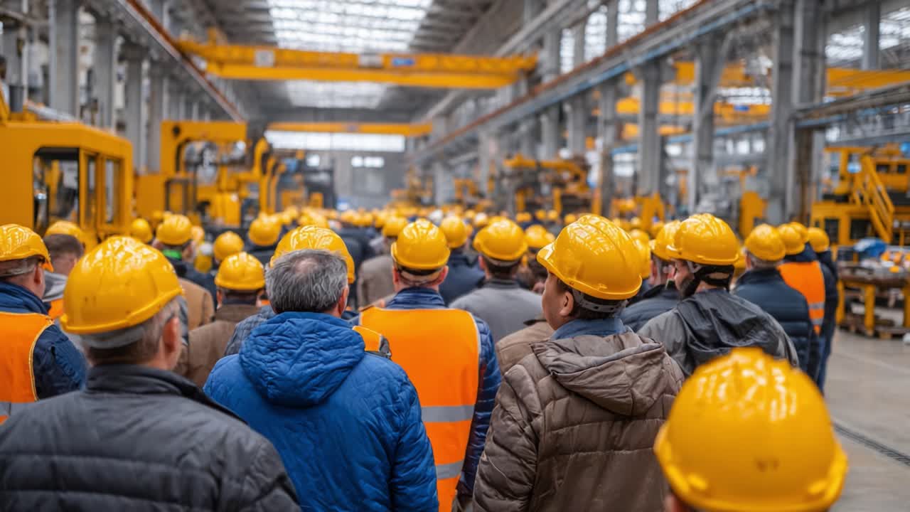 Workers in Safety Gear Attend a Conference in a Large Manufacturing Facility, Engaged in Learning About New Equipment and Safety Protocols for Enhanced Productivity