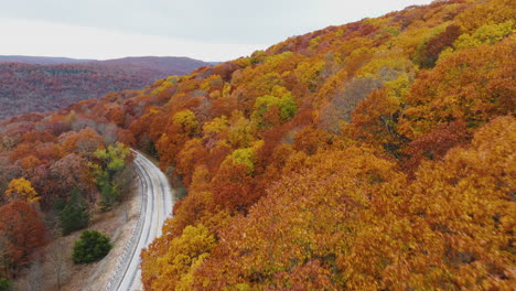 carretera de montaña y exuberante bosque de otoño en el parque estatal de devil's den, arkansas - disparo de dron