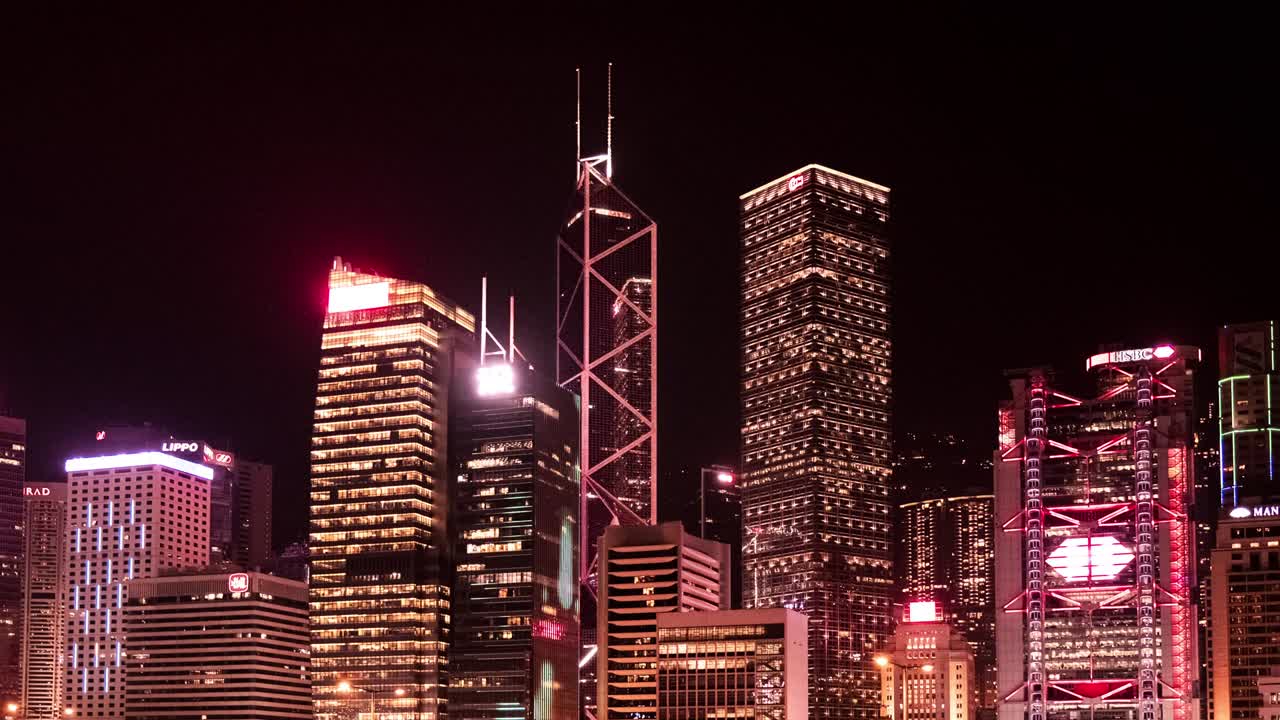 el horizonte central de hong kong por la noche - rascacielos luces de neón timelapse - bucle