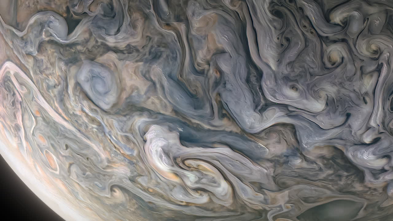 Planet Jupiter with Swirling Abstract Cloud Patterns as Storms Rage Below Surface Moving Like Liquid Vortex with Bright Hazy Atmosphere as it Emits Radiation. High Quality 3D Animation ProRes 4K.